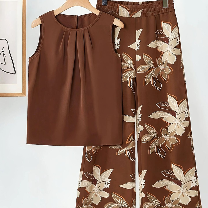 Women's Floral Print Top & Wide-Leg Pants Set
