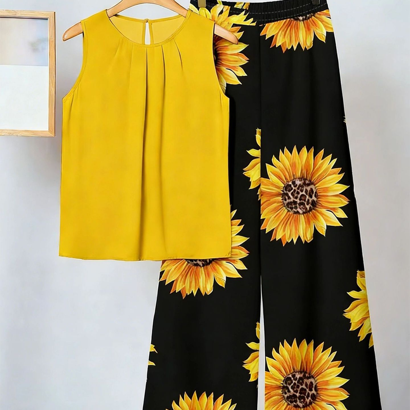 Women's Floral Print Top & Wide-Leg Pants Set