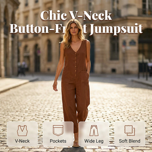 Women's Sleeveless V-Neck Button-Front Jumpsuit