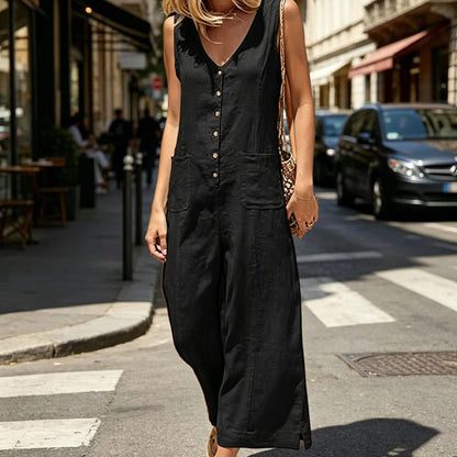 Women's Sleeveless V-Neck Button-Front Jumpsuit