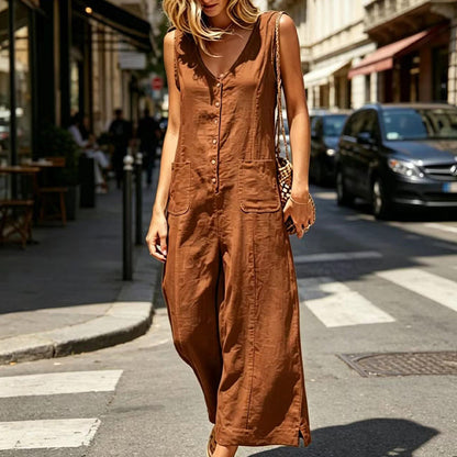 Women's Sleeveless V-Neck Button-Front Jumpsuit
