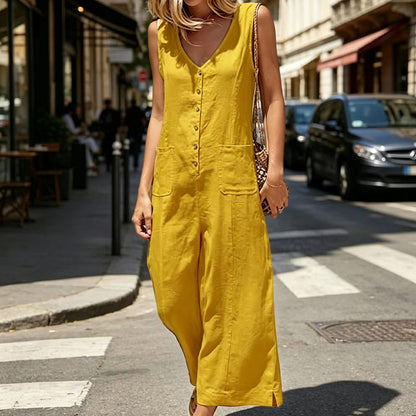 Women's Sleeveless V-Neck Button-Front Jumpsuit