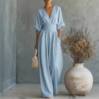 Women's V-Neck High Waist Wide Leg Jumpsuit