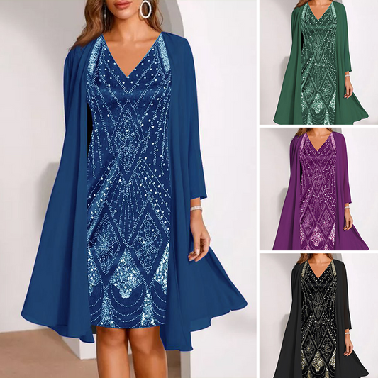 Women’s V-Neck Dress & Sheer Long Jacket Set