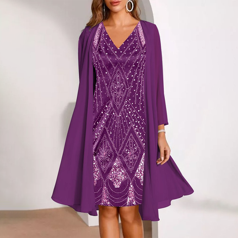 Women’s V-Neck Dress & Sheer Long Jacket Set