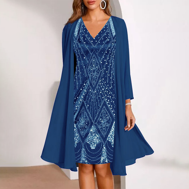 Women’s V-Neck Dress & Sheer Long Jacket Set