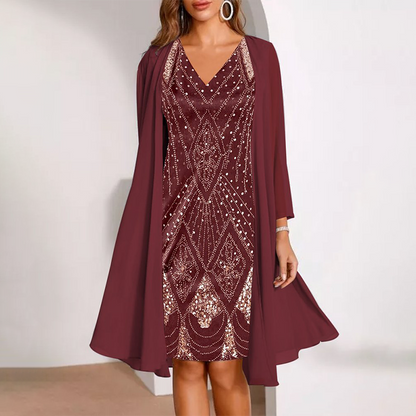 Women’s V-Neck Dress & Sheer Long Jacket Set