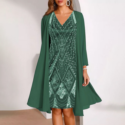 Women’s V-Neck Dress & Sheer Long Jacket Set