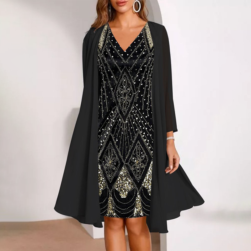 Women’s V-Neck Dress & Sheer Long Jacket Set