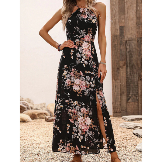 Floral Print Split Halter Dress