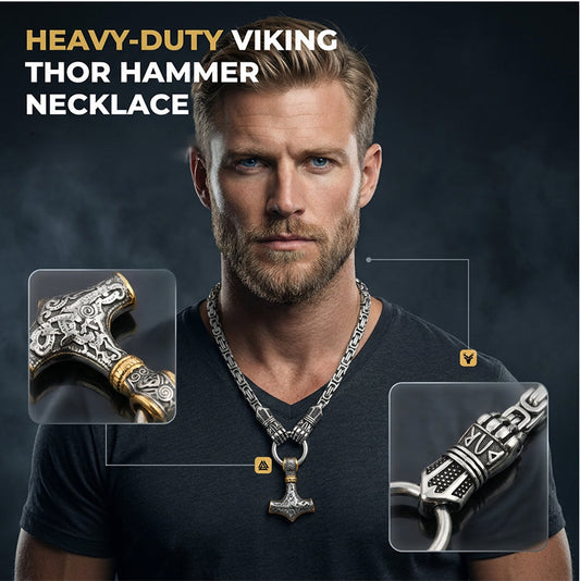 Viking Thor Hammer Pendant Necklace Stainless Steel Byzantine Chain