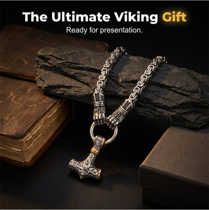 Viking Thor Hammer Pendant Necklace Stainless Steel Byzantine Chain