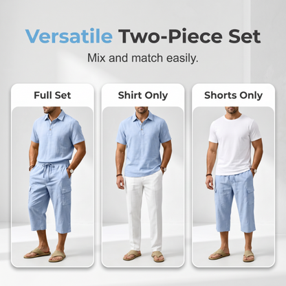 Men Summer Linen Set Loose Shirt and Cargo Shorts Two Piece Outfit