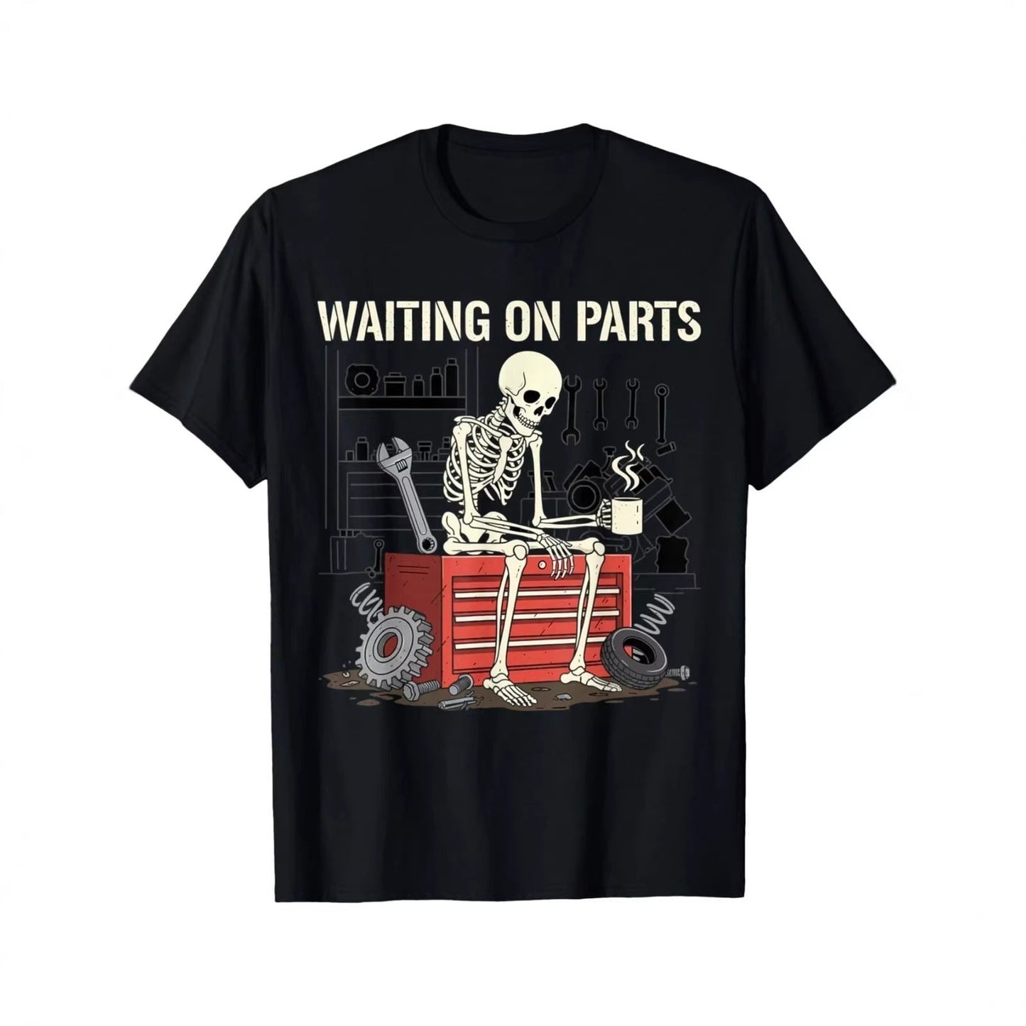 🛠️ 2026 Sale — Over 46,000 Sold! 💀  Waiting On Parts Funny Skeleton Auto Mechanic Technician T-Shirt – Humorous Auto Shop Design 🔧