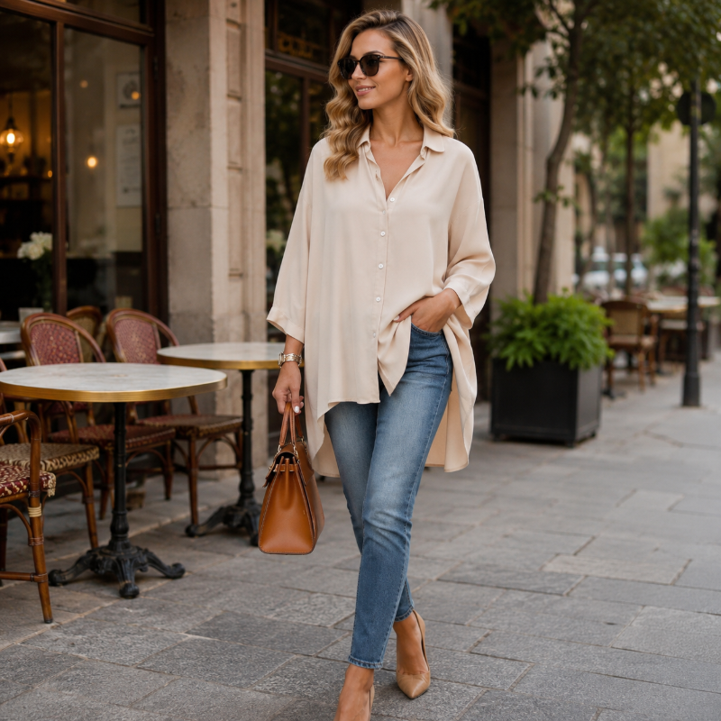 Women Casual Loose Button Down Apricot Shirt Long Sleeve Collar Blouse