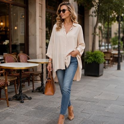 Women Casual Loose Button Down Apricot Shirt Long Sleeve Collar Blouse