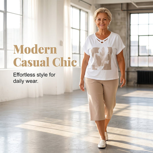 ⏰Women Casual Two Piece Set V Neck Tee and Cropped Pants