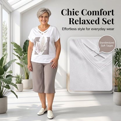 ⏰Women Casual Two Piece Set V Neck Tee and Cropped Pants