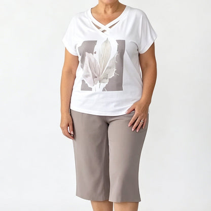 ⏰Women Casual Two Piece Set V Neck Tee and Cropped Pants