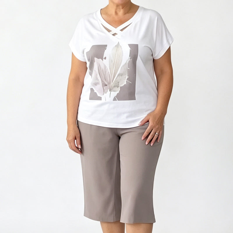 ⏰Women Casual Two Piece Set V Neck Tee and Cropped Pants
