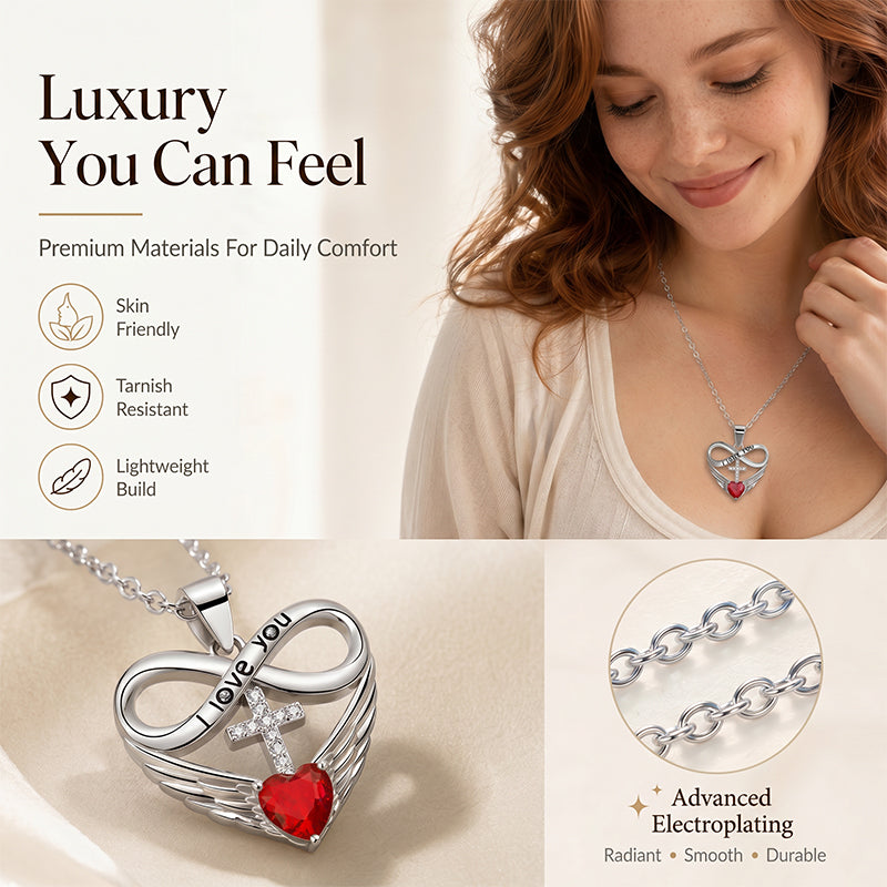 Infinity Heart Cross Necklace with Wing Pendant