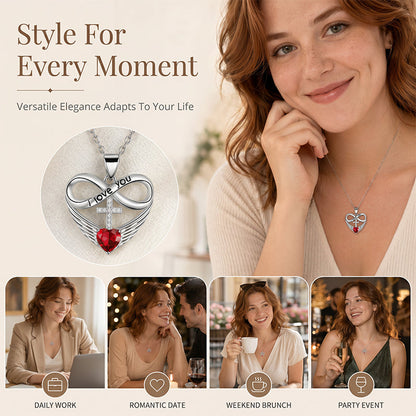 Infinity Heart Cross Necklace with Wing Pendant
