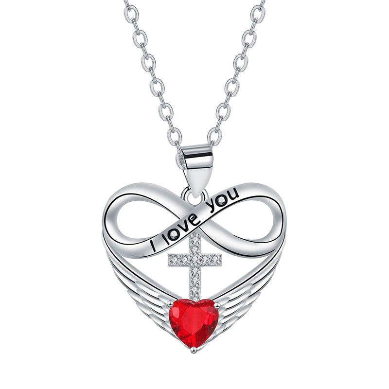 Infinity Heart Cross Necklace with Wing Pendant