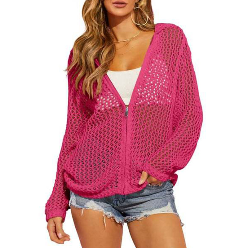 📢📢40% OFF !! ⏰2026 Women's Open-Knit Zip-Up Cardigan | Lightweight Hollow-Out Long Sleeve Sweater for Spring & Summer