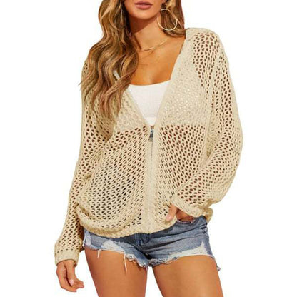 📢📢40% OFF !! ⏰2026 Women's Open-Knit Zip-Up Cardigan | Lightweight Hollow-Out Long Sleeve Sweater for Spring & Summer
