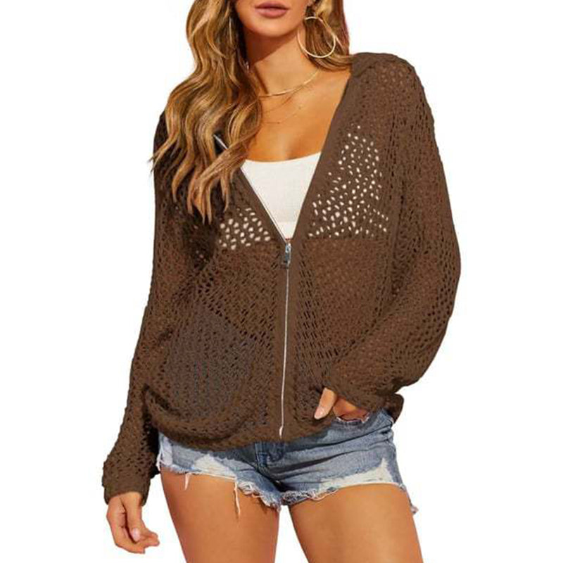 📢📢40% OFF !! ⏰2026 Women's Open-Knit Zip-Up Cardigan | Lightweight Hollow-Out Long Sleeve Sweater for Spring & Summer
