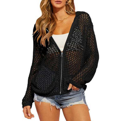 📢📢40% OFF !! ⏰2026 Women's Open-Knit Zip-Up Cardigan | Lightweight Hollow-Out Long Sleeve Sweater for Spring & Summer