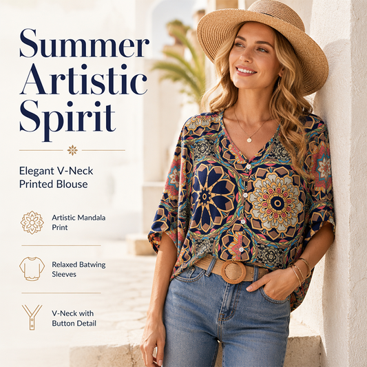 📢📢50% OFF !! ⏰Women's V-Neck Bohemian Print Blouse Summer Loose Fit Shirt