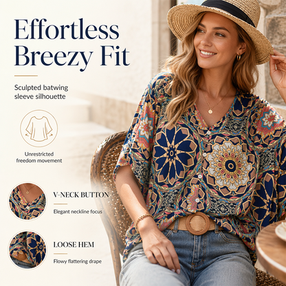 📢📢50% OFF !! ⏰Women's V-Neck Bohemian Print Blouse Summer Loose Fit Shirt