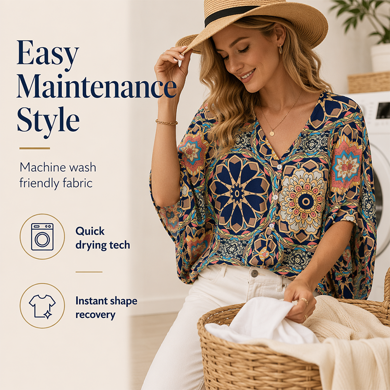 📢📢50% OFF !! ⏰Women's V-Neck Bohemian Print Blouse Summer Loose Fit Shirt