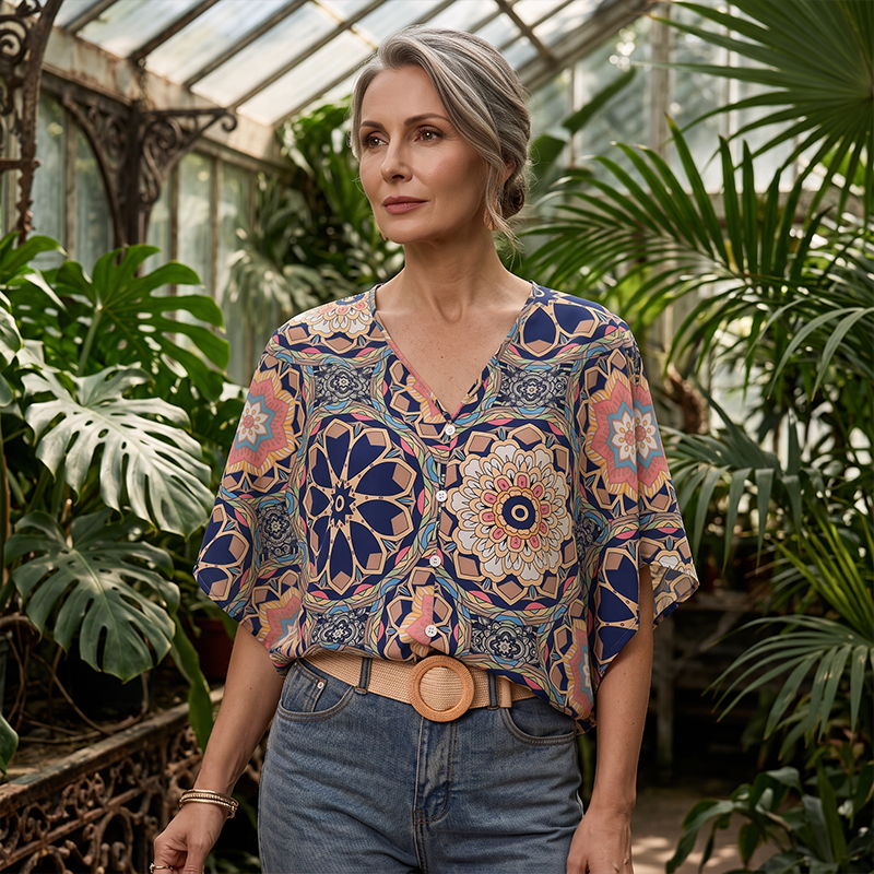📢📢50% OFF !! ⏰Women's V-Neck Bohemian Print Blouse Summer Loose Fit Shirt