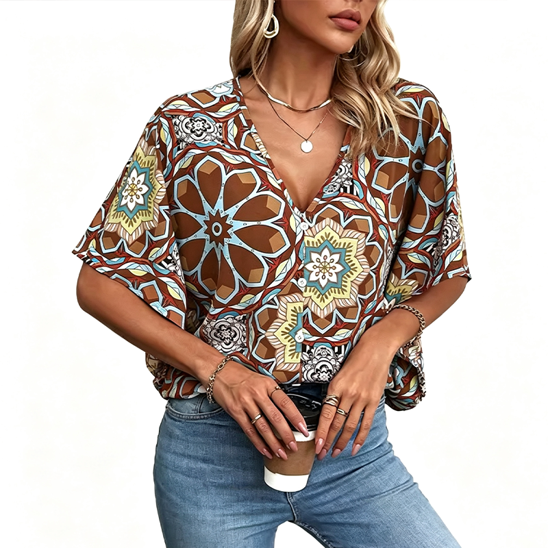 📢📢50% OFF !! ⏰Women's V-Neck Bohemian Print Blouse Summer Loose Fit Shirt