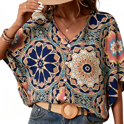 📢📢50% OFF !! ⏰Women's V-Neck Bohemian Print Blouse Summer Loose Fit Shirt