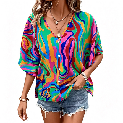📢📢50% OFF !! ⏰Women's V-Neck Bohemian Print Blouse Summer Loose Fit Shirt