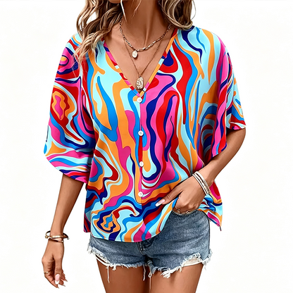 📢📢50% OFF !! ⏰Women's V-Neck Bohemian Print Blouse Summer Loose Fit Shirt