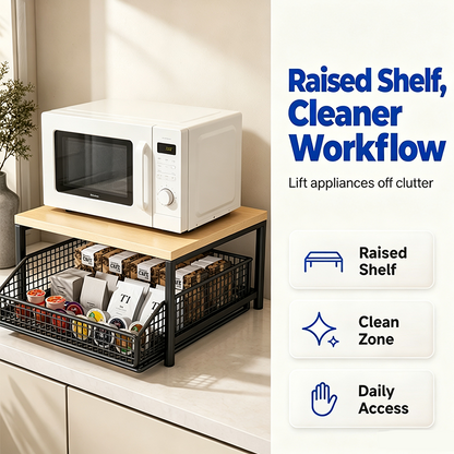 💥50% OFF NOW! 🍳 2-Tier Microwave Stand with Slide-Out Drawer – Heavy-duty, space-saving & sturdy – Perfect for kitchen, office & dorm counters 🏠