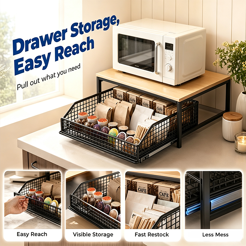 💥50% OFF NOW! 🍳 2-Tier Microwave Stand with Slide-Out Drawer – Heavy-duty, space-saving & sturdy – Perfect for kitchen, office & dorm counters 🏠
