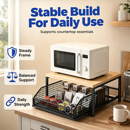 💥50% OFF NOW! 🍳 2-Tier Microwave Stand with Slide-Out Drawer – Heavy-duty, space-saving & sturdy – Perfect for kitchen, office & dorm counters 🏠