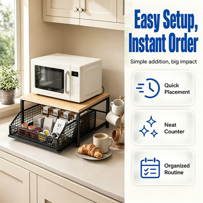💥50% OFF NOW! 🍳 2-Tier Microwave Stand with Slide-Out Drawer – Heavy-duty, space-saving & sturdy – Perfect for kitchen, office & dorm counters 🏠