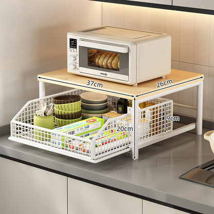 💥50% OFF NOW! 🍳 2-Tier Microwave Stand with Slide-Out Drawer – Heavy-duty, space-saving & sturdy – Perfect for kitchen, office & dorm counters 🏠
