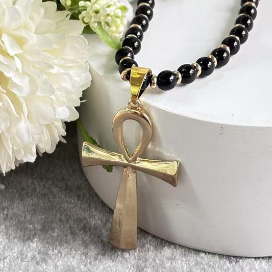 Vintage Cross Pendant Necklace with Hematite Beads