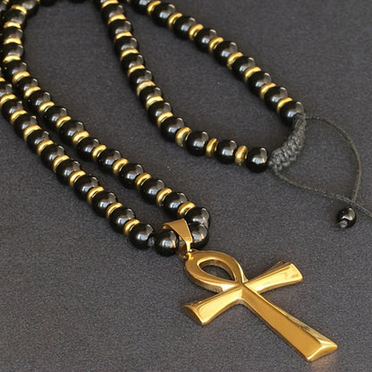 Vintage Cross Pendant Necklace with Hematite Beads
