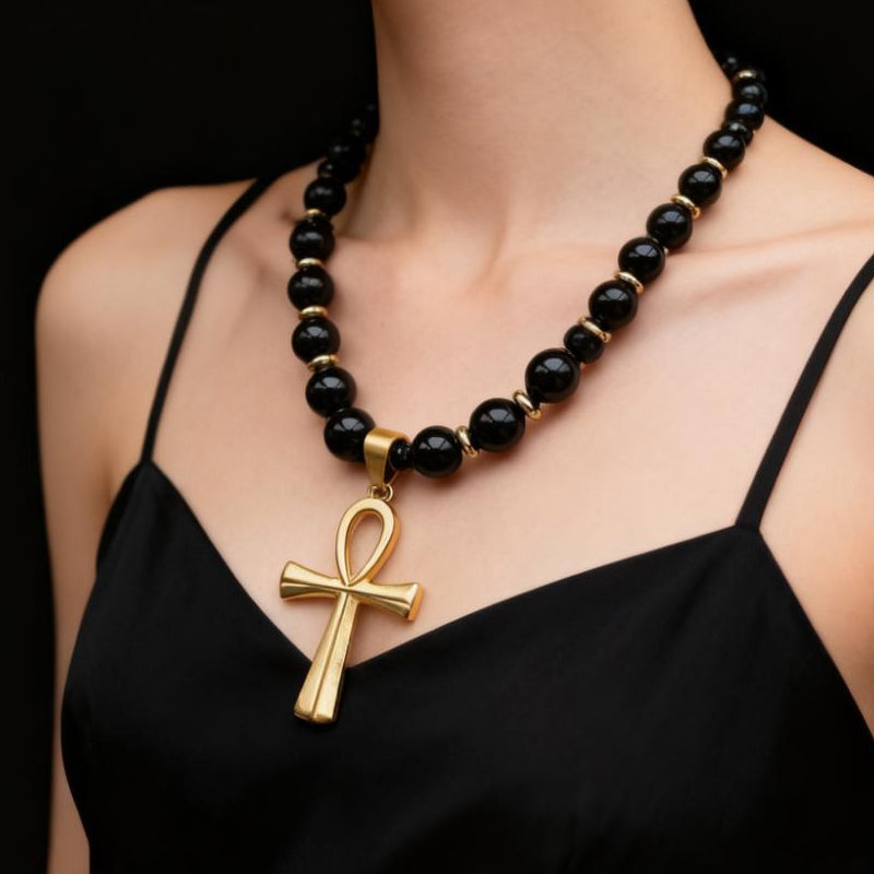Vintage Cross Pendant Necklace with Hematite Beads