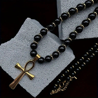 Vintage Cross Pendant Necklace with Hematite Beads