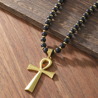Vintage Cross Pendant Necklace with Hematite Beads