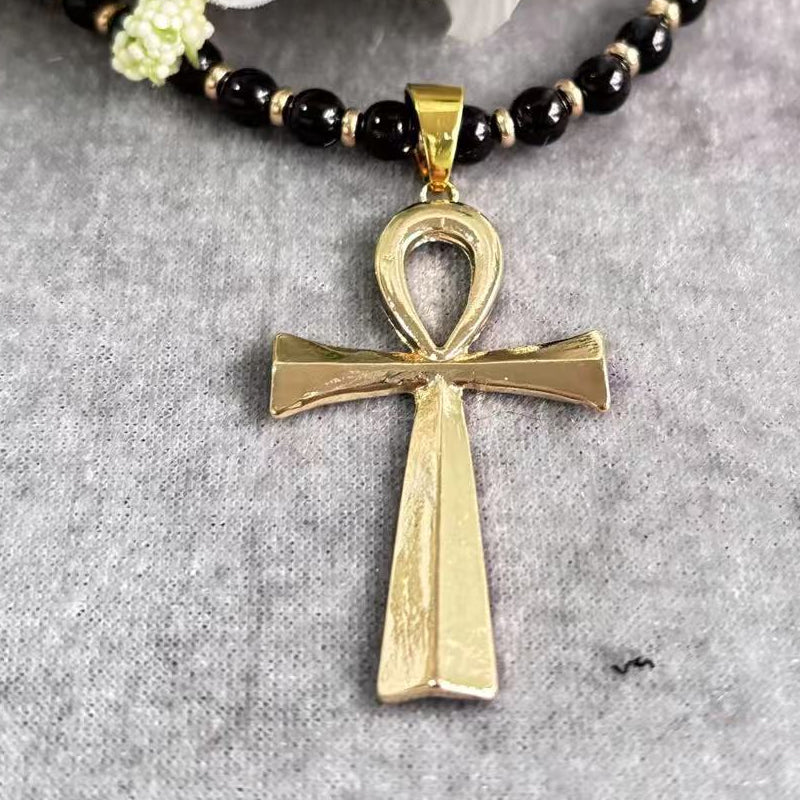 Vintage Cross Pendant Necklace with Hematite Beads